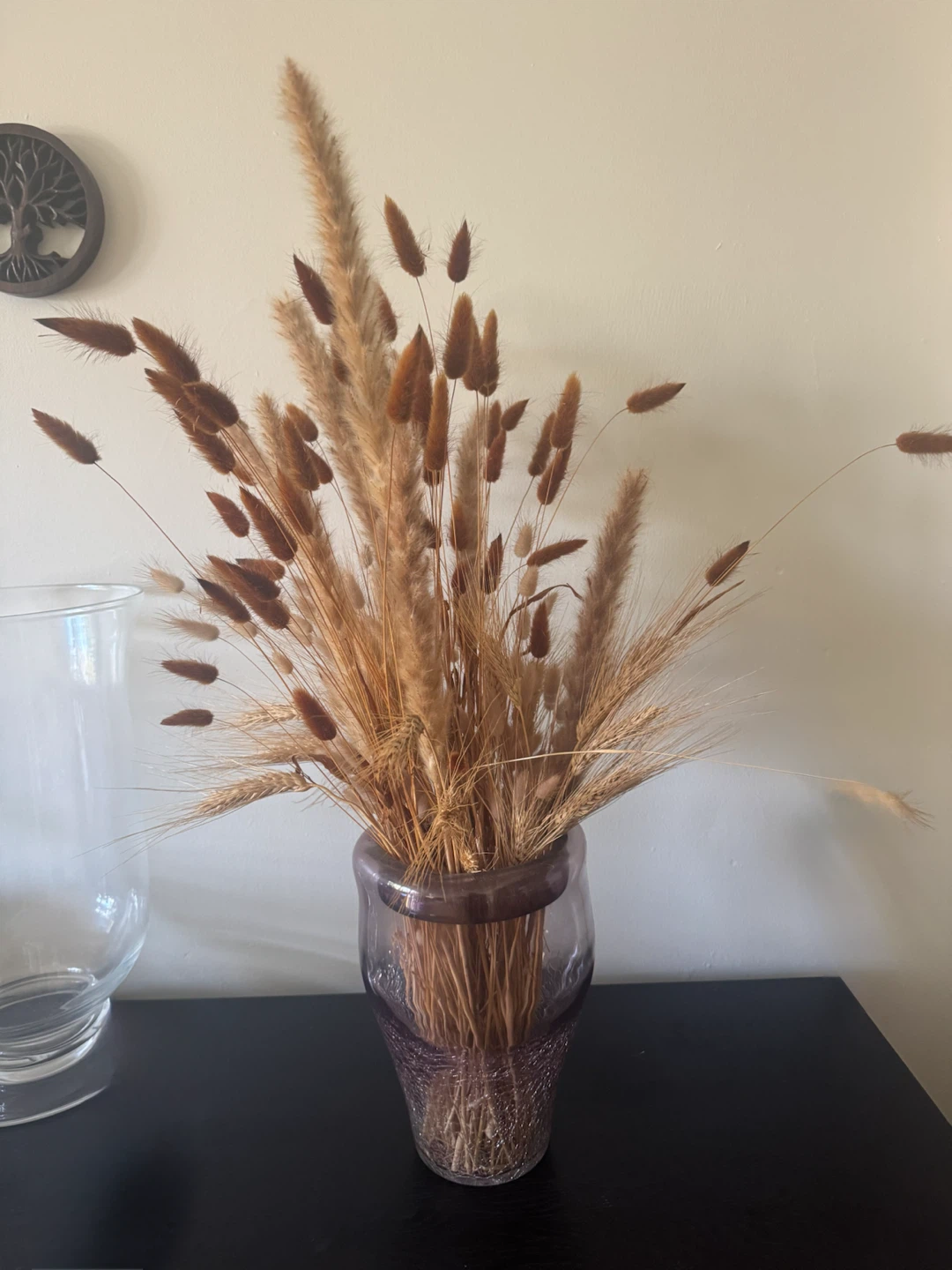 Dried Wheat and Bunny Tail Grass Arrangement in Glass Vase