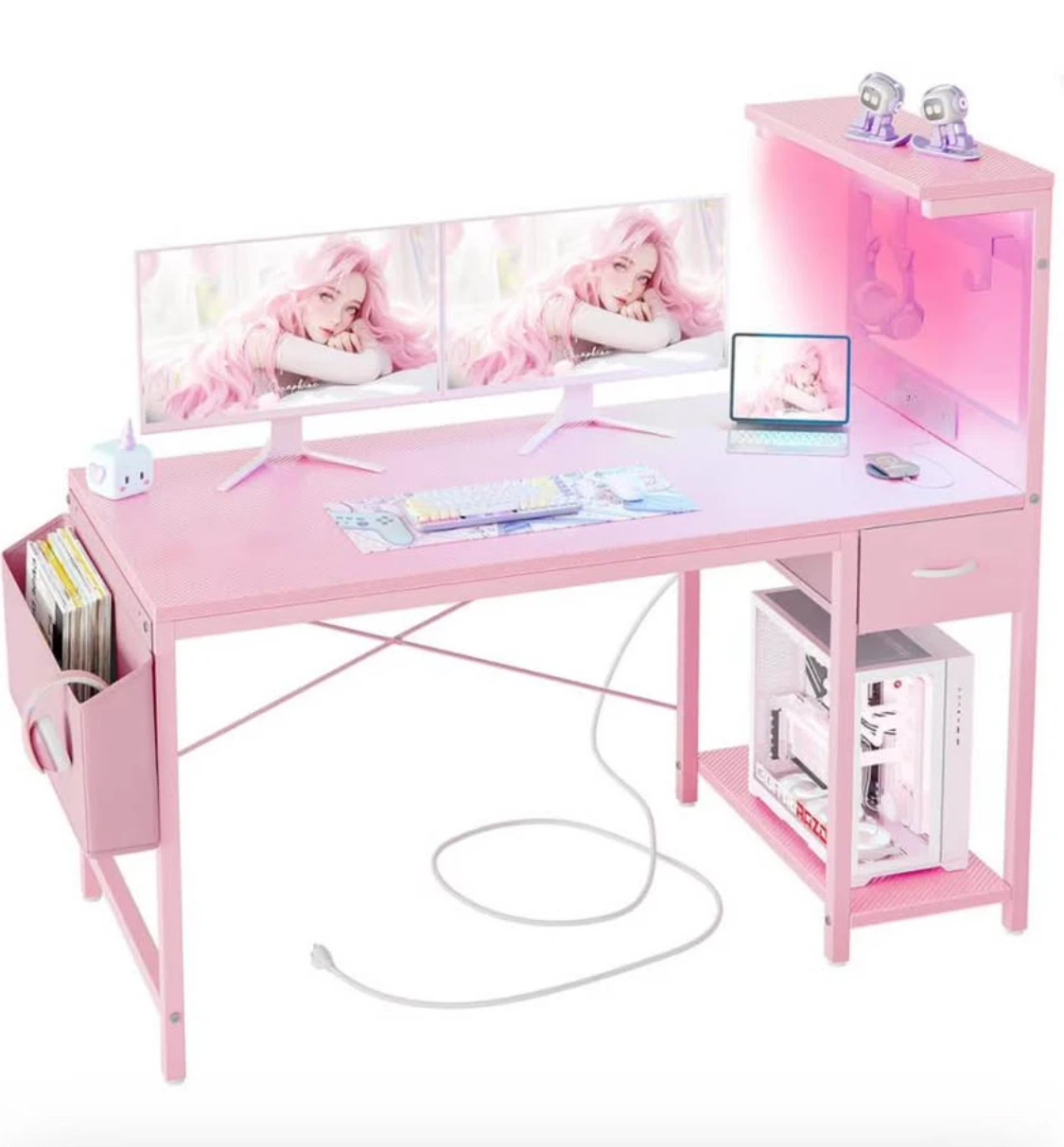 Pink Gaming Desk with Monitor Riser and Storage