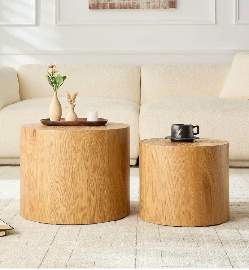 Set of 2 Oak Wood Round Side Tables
