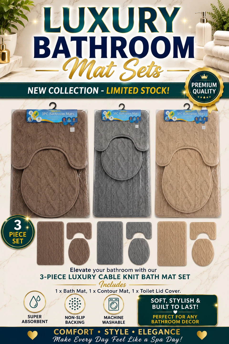 3-Piece Luxury Cable Knit Bath Mat Set