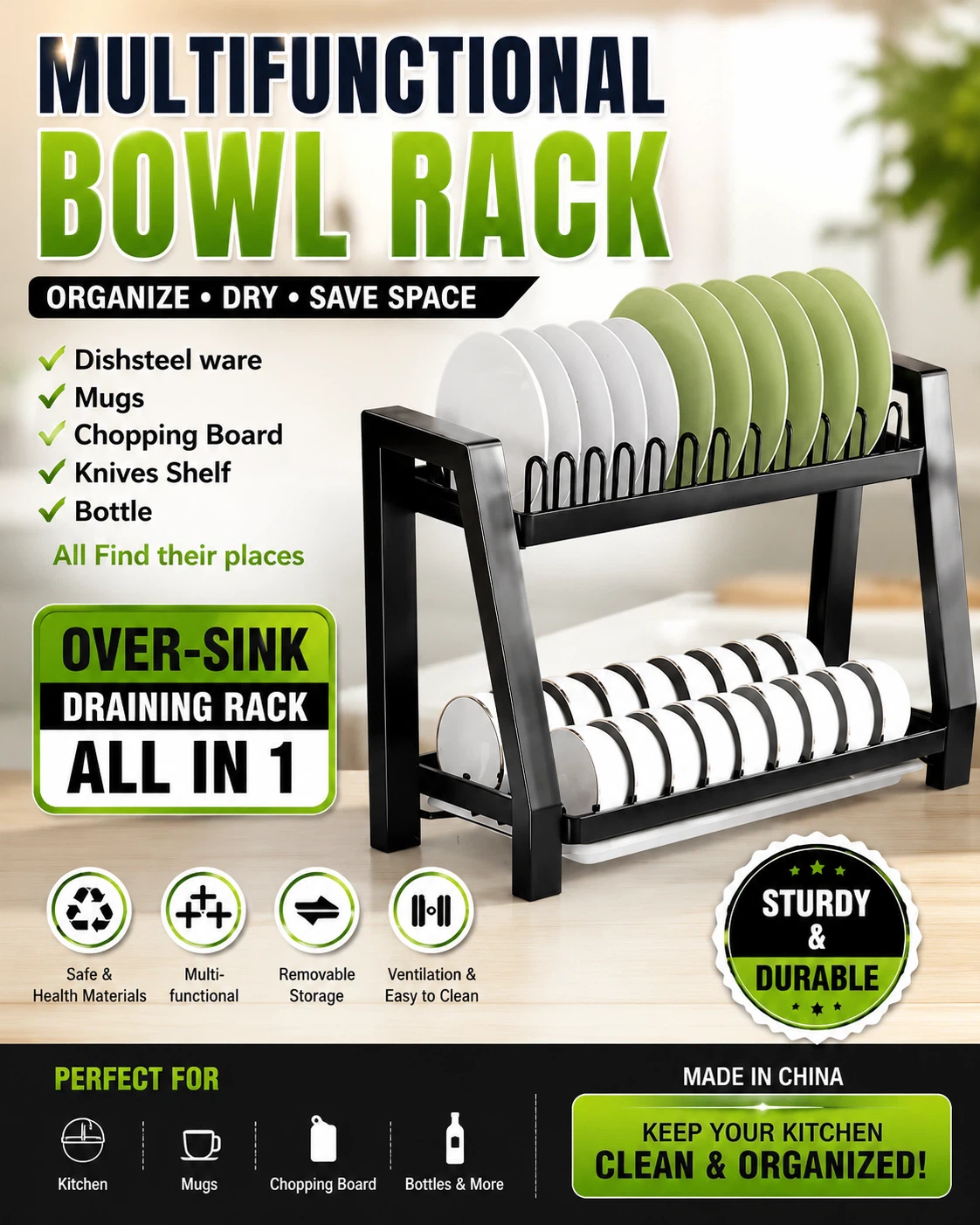 Multifunctional Over-Sink Bowl Rack