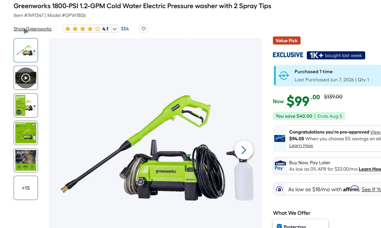 Greenworks 1800-PSI Electric Pressure Washer