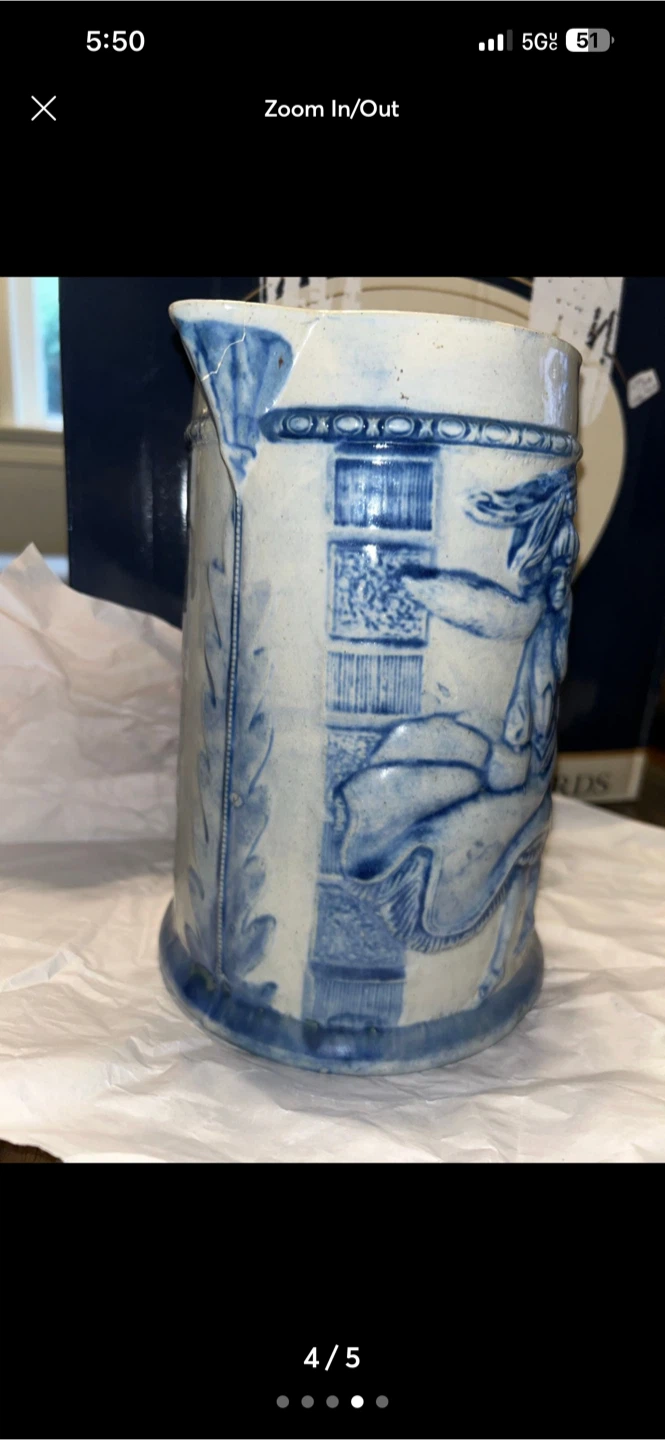 Embossed blue and white stoneware pitcher - photo 4