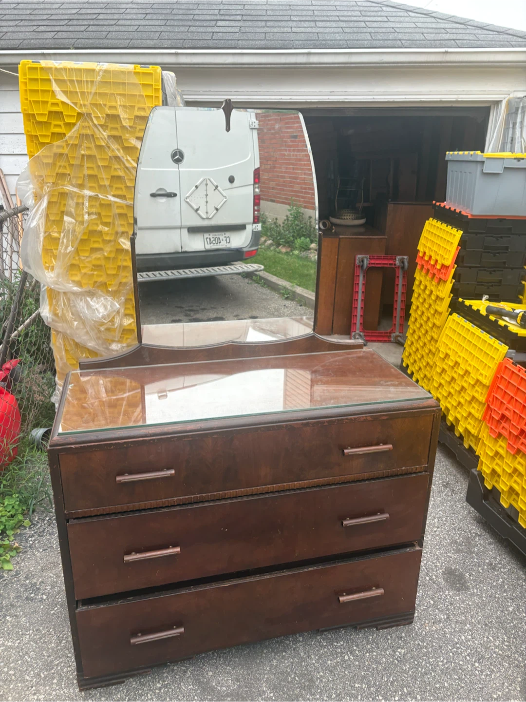 Free delivery used antique Wooden Dresser with Mirror - photo 2