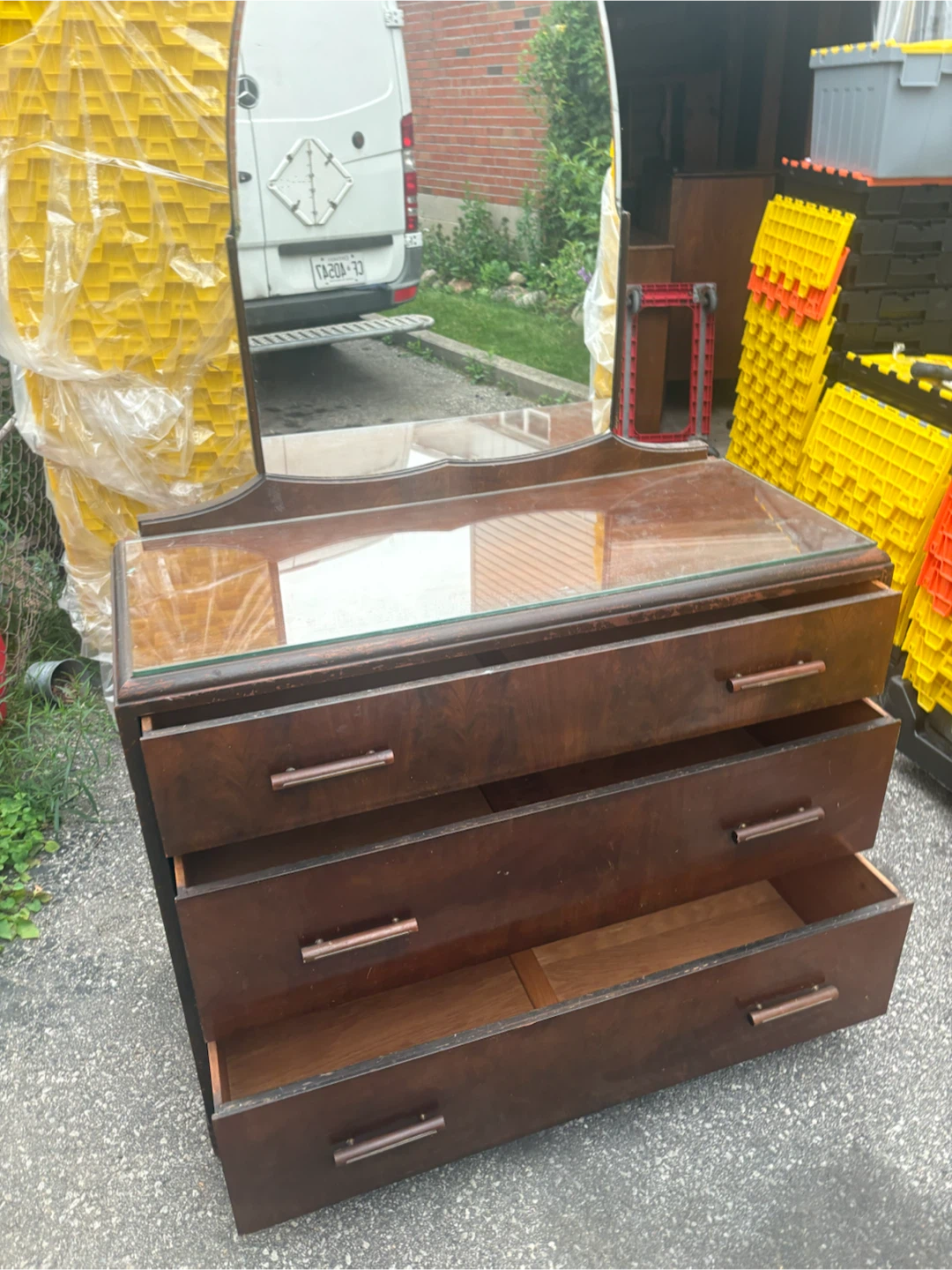 Free delivery used antique Wooden Dresser with Mirror - photo 3
