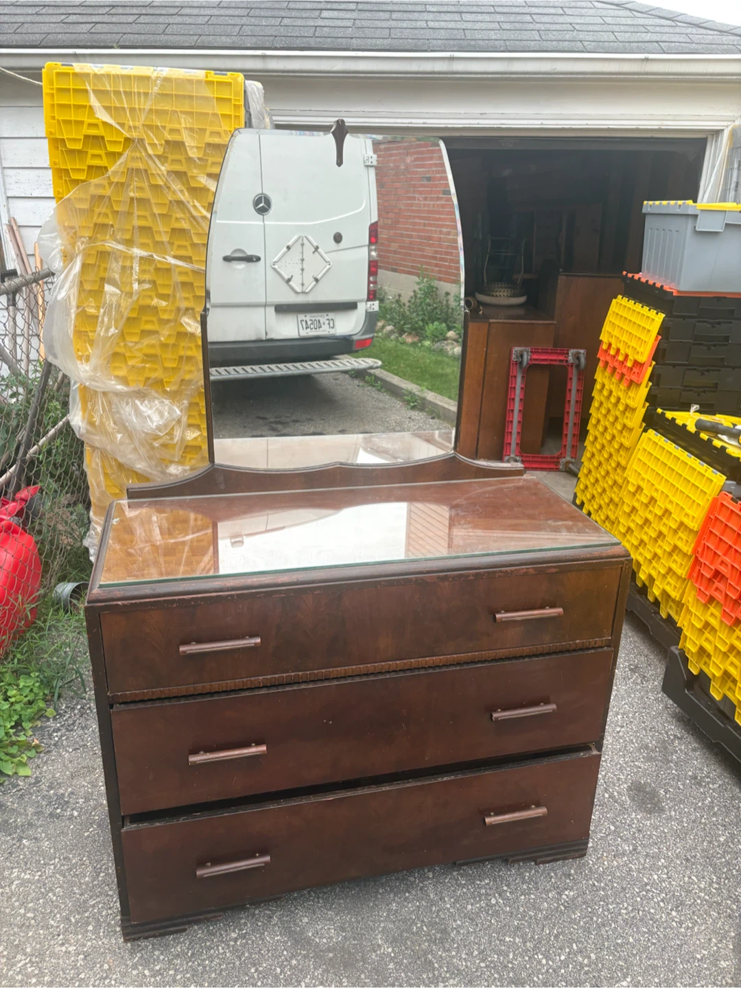 Free delivery used antique Wooden Dresser with Mirror - photo 4