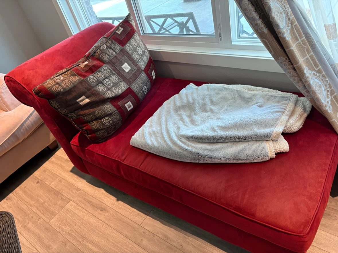 Red Chaise Lounge with Decorative Pillow