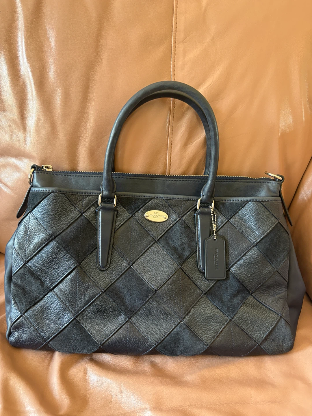 Coach Morgan Navy Diamond Quilted Patchwork Satchel