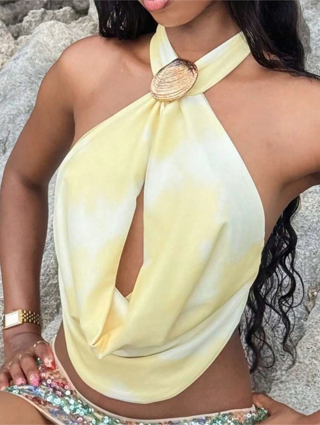 Yellow Halter Top with Seashell Clasp