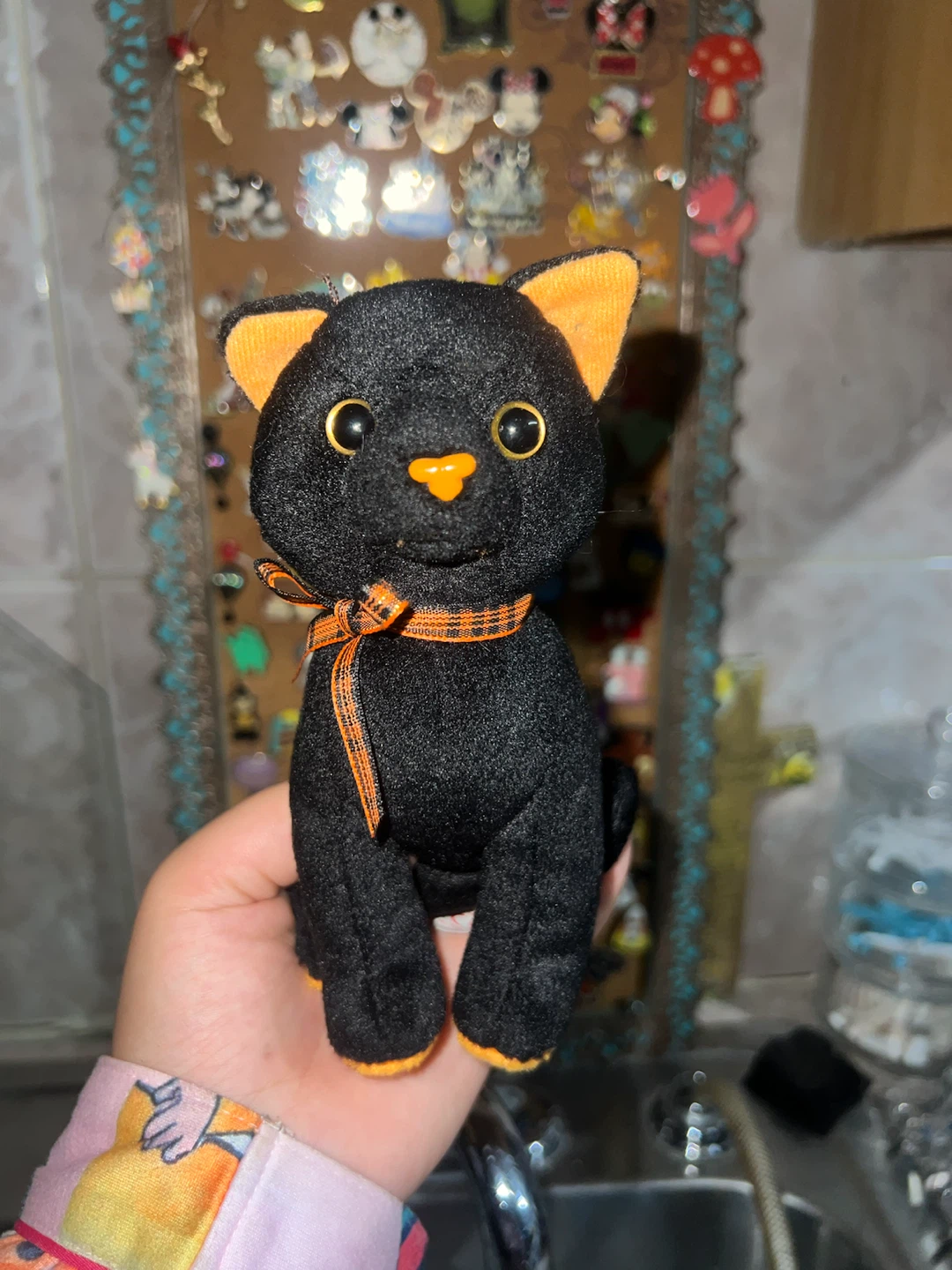 Black Cat Plush Toy with Orange Accents
