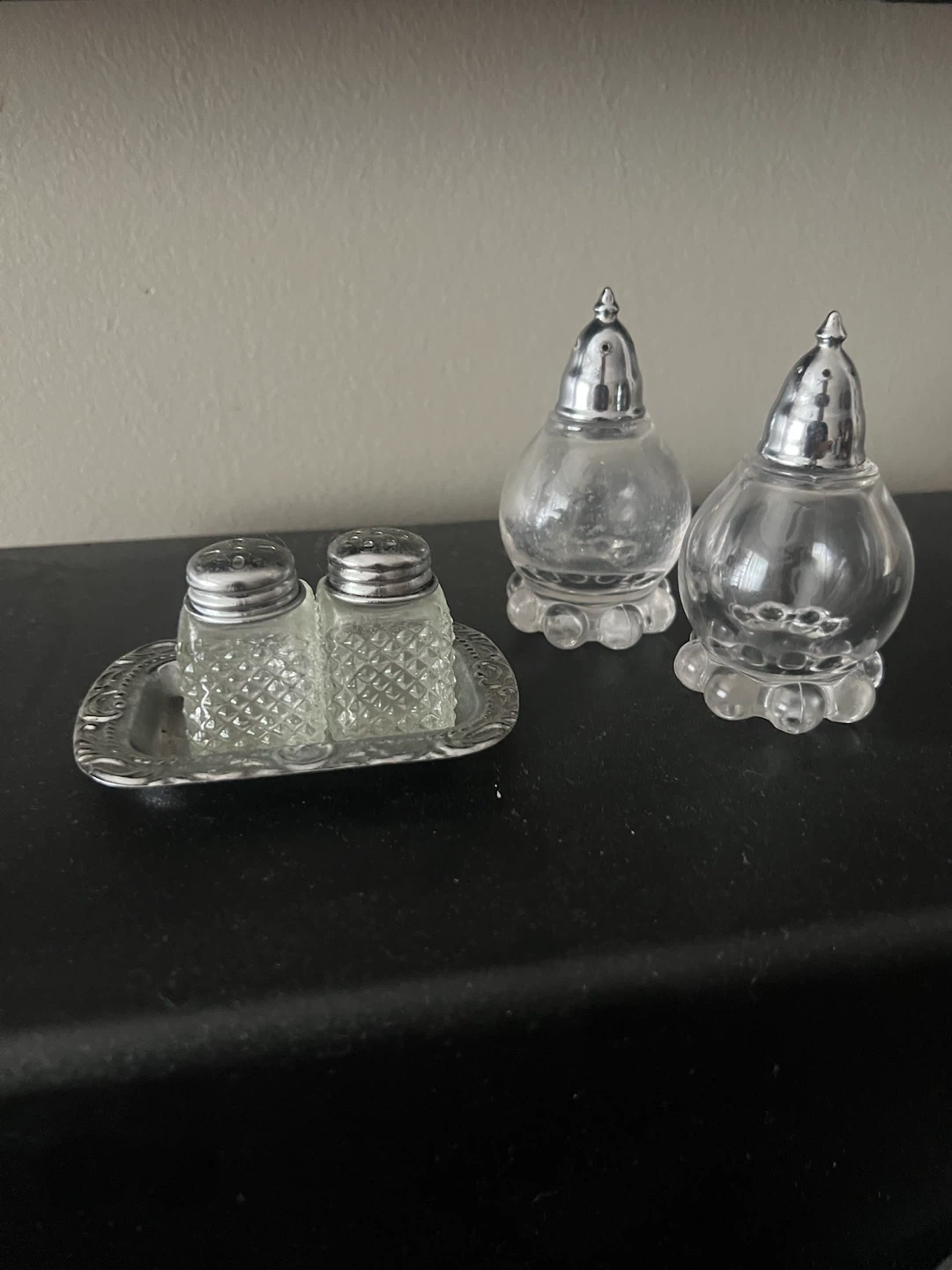 Glass Salt and Pepper Shakers with Tray