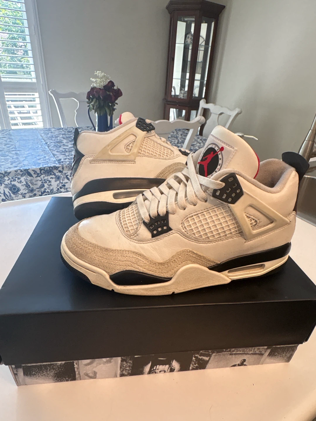 White Jordan 4s. Used, easily  cleanable. Dropped this year