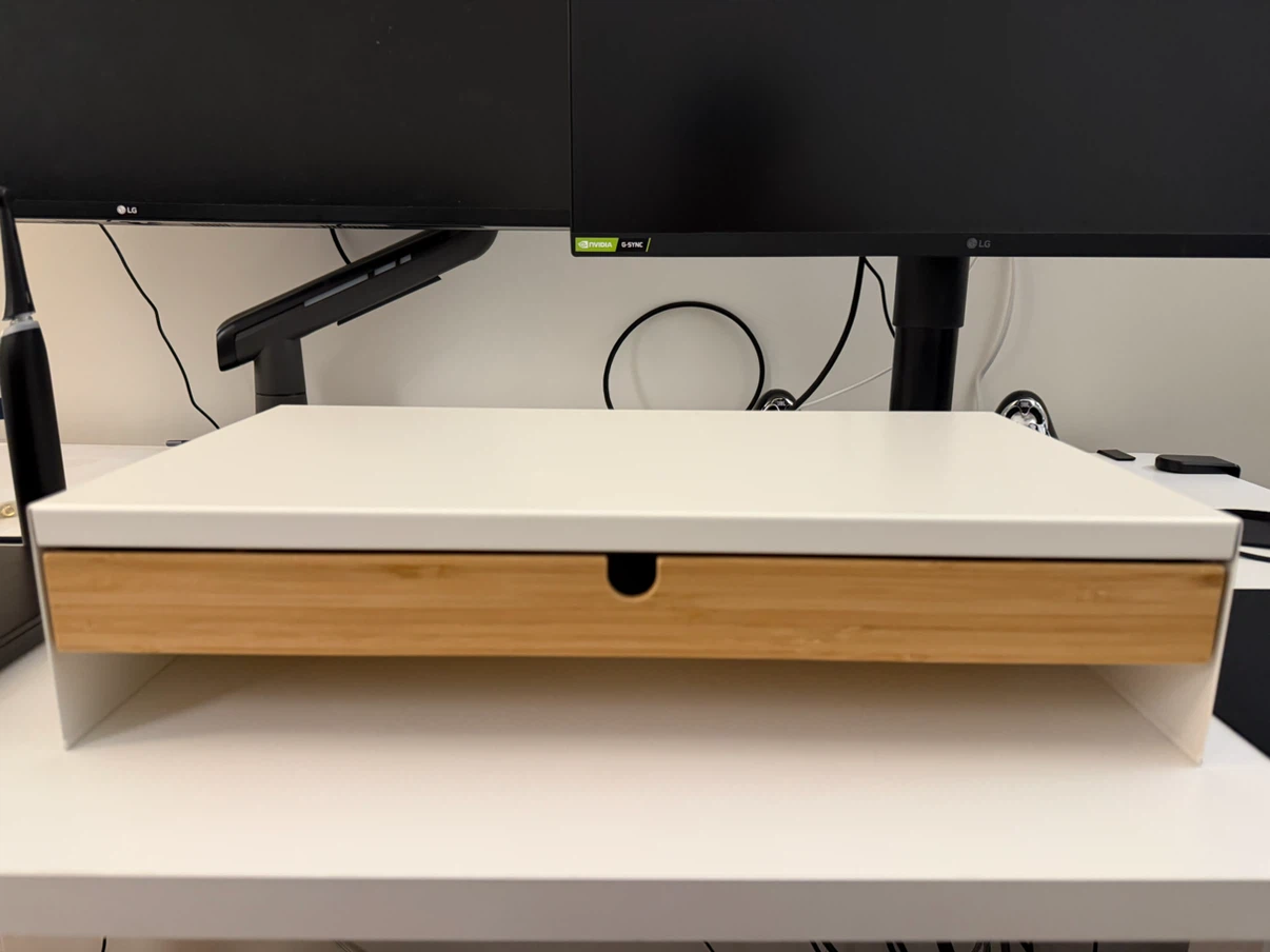 White Monitor Riser with Bamboo Drawer
