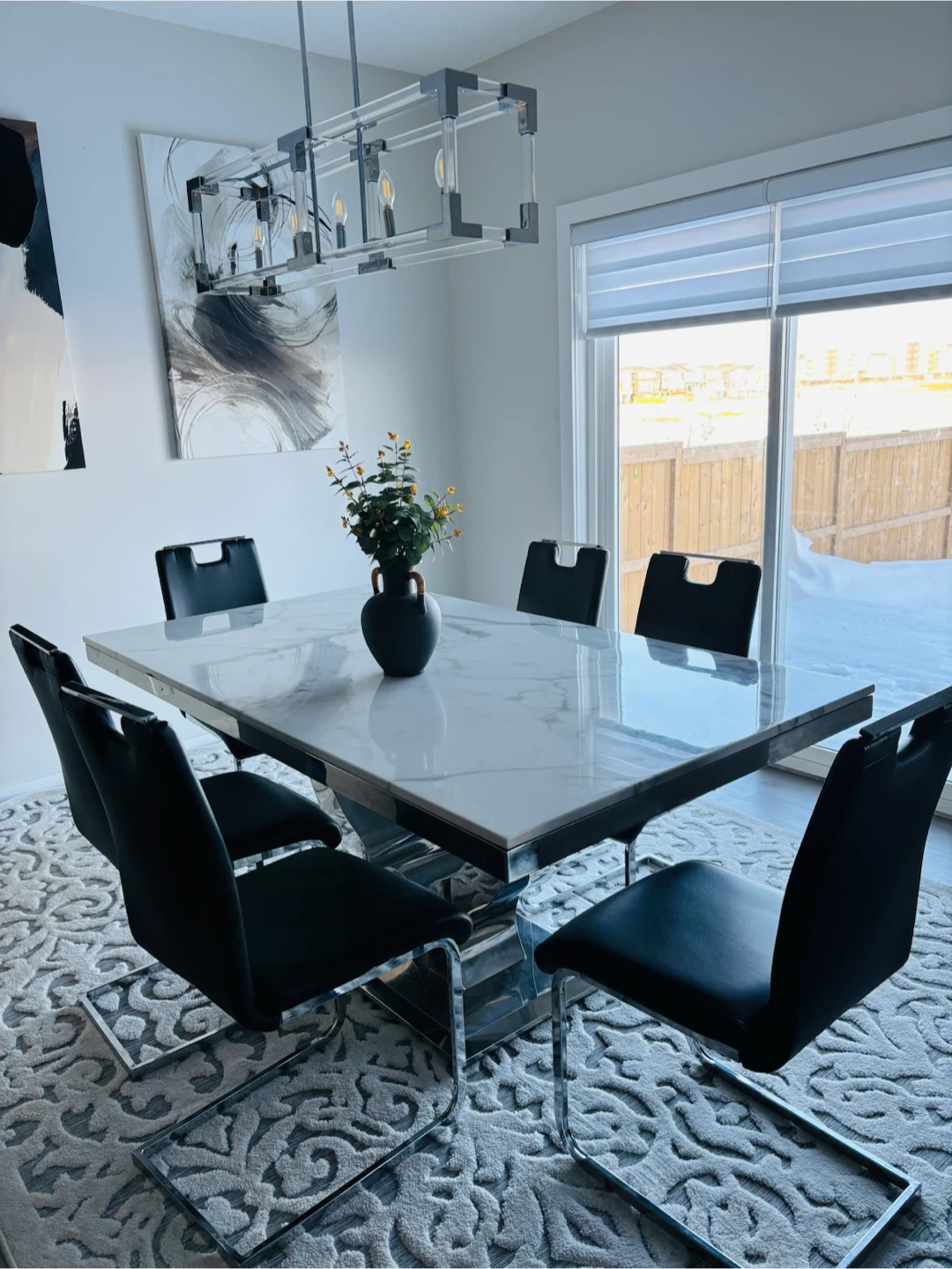 Modern Dining Table Set with 6 black Chairs