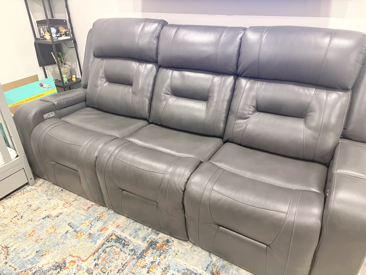 Grey Leather Power Recliner Loveseat with Console