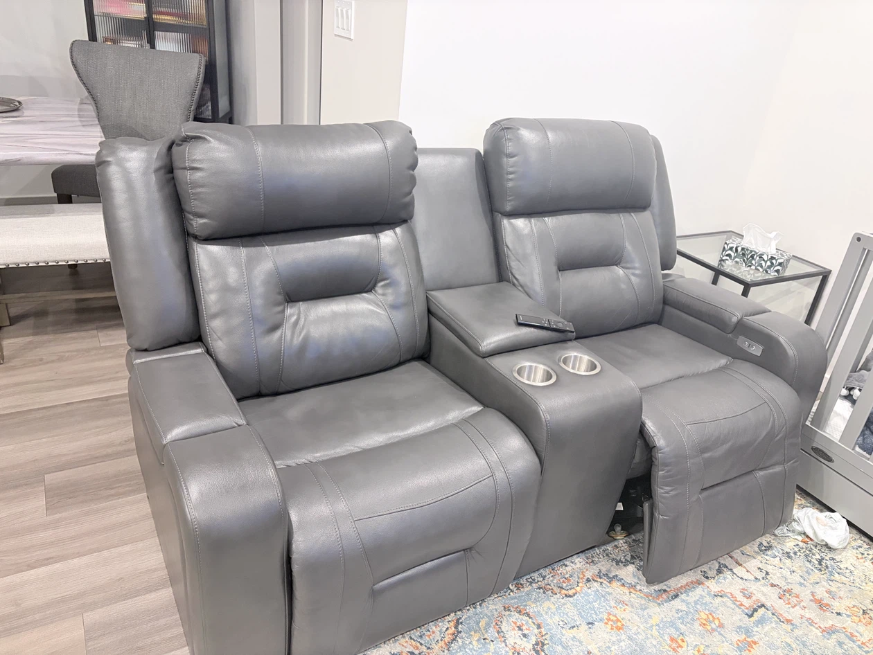 Grey Leather Power Recliner Loveseat with Console - photo 2