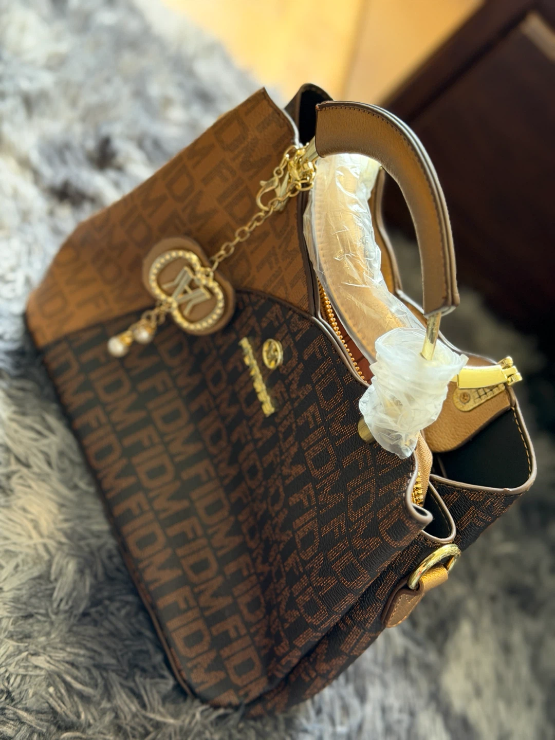 Designer Brown Monogram Tote Bag with Gold Accents