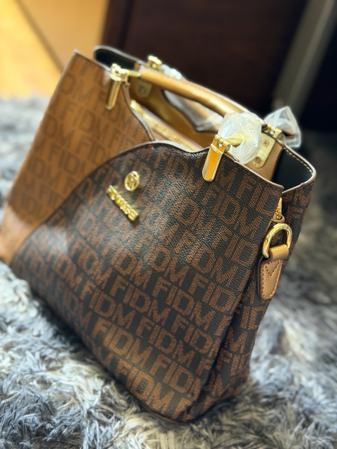 Designer Brown Monogram Tote Bag with Gold Accents - photo 2