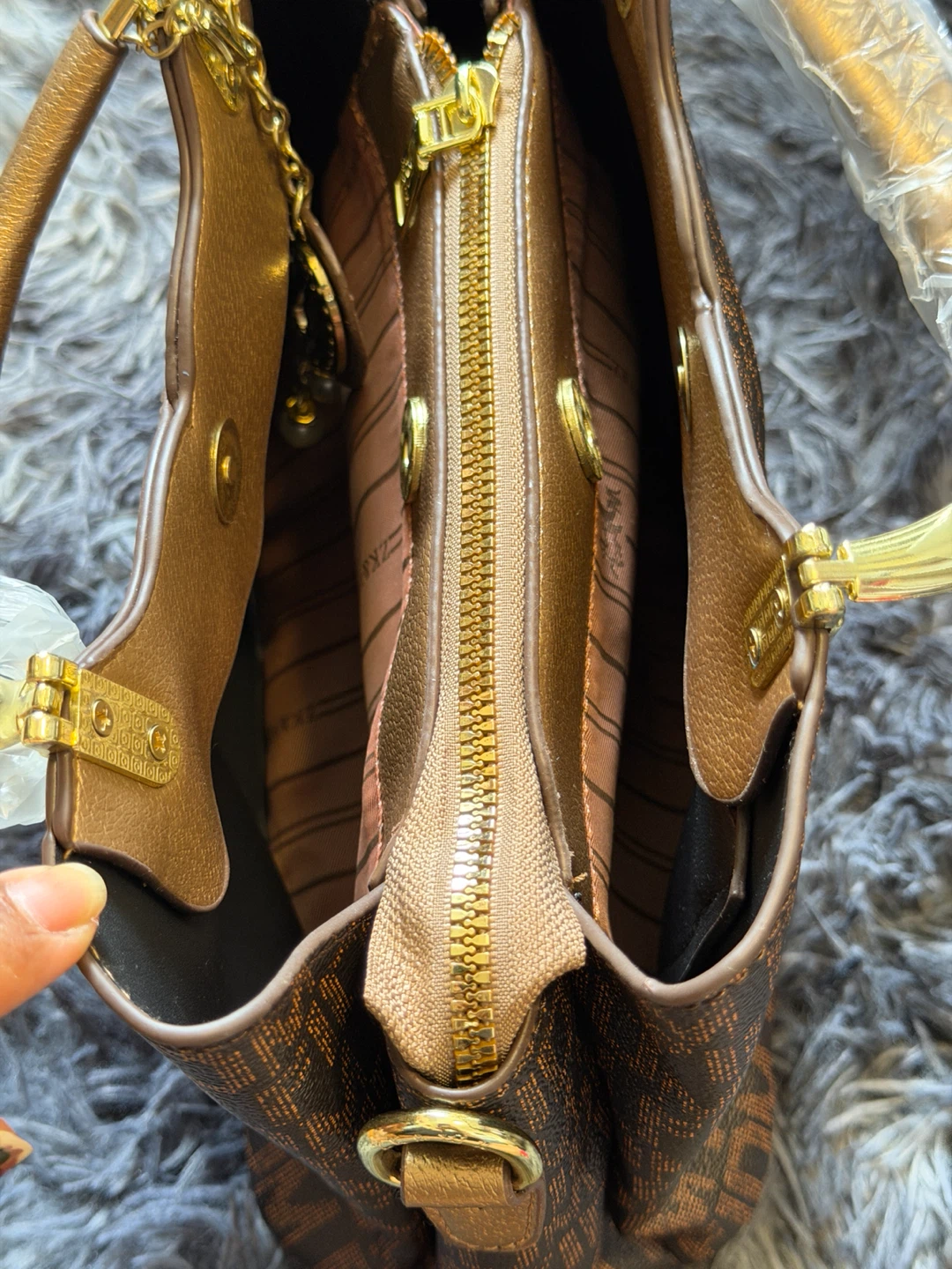 Designer Brown Monogram Tote Bag with Gold Accents - photo 4