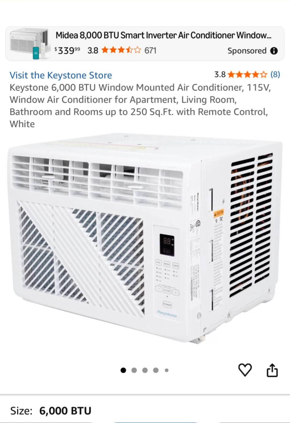 Keystone 6,000 BTU Window Mounted Air Conditioner - White