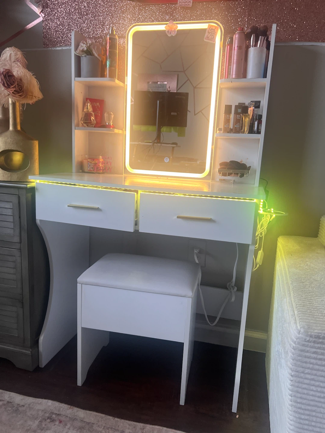 White Vanity Desk with Lighted Mirror and Stool - photo 2