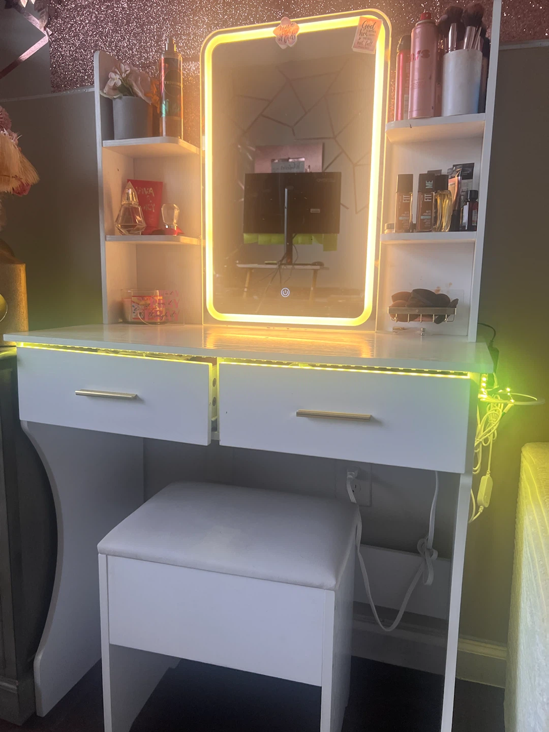 White Vanity Desk with Lighted Mirror and Stool - photo 5