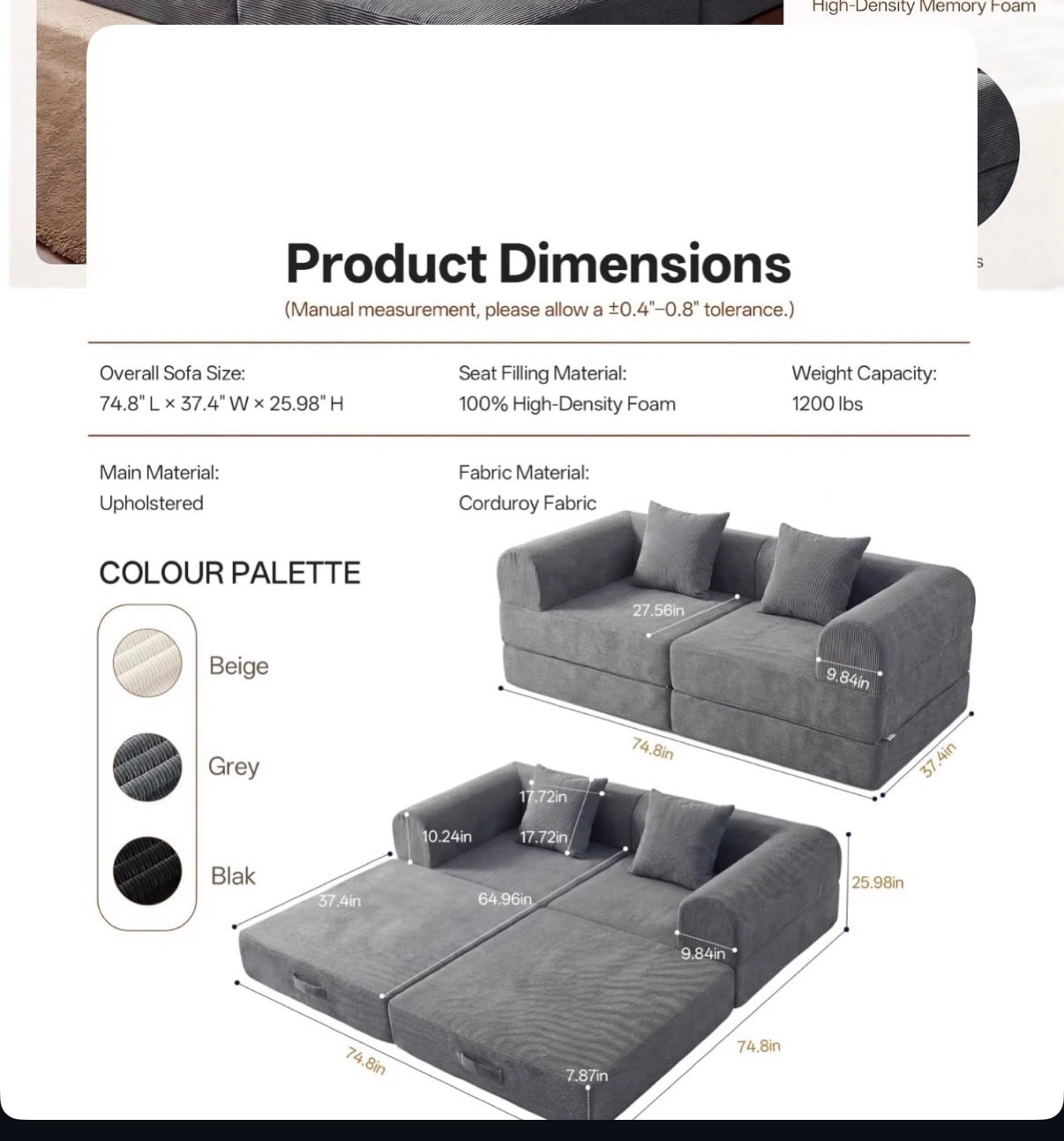Gray Corduroy Fabric Sectional Sofa - photo 2