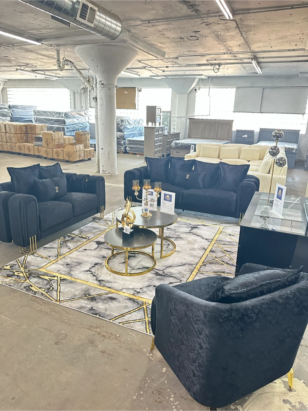 Black Velvet Sofa with Gold Accents