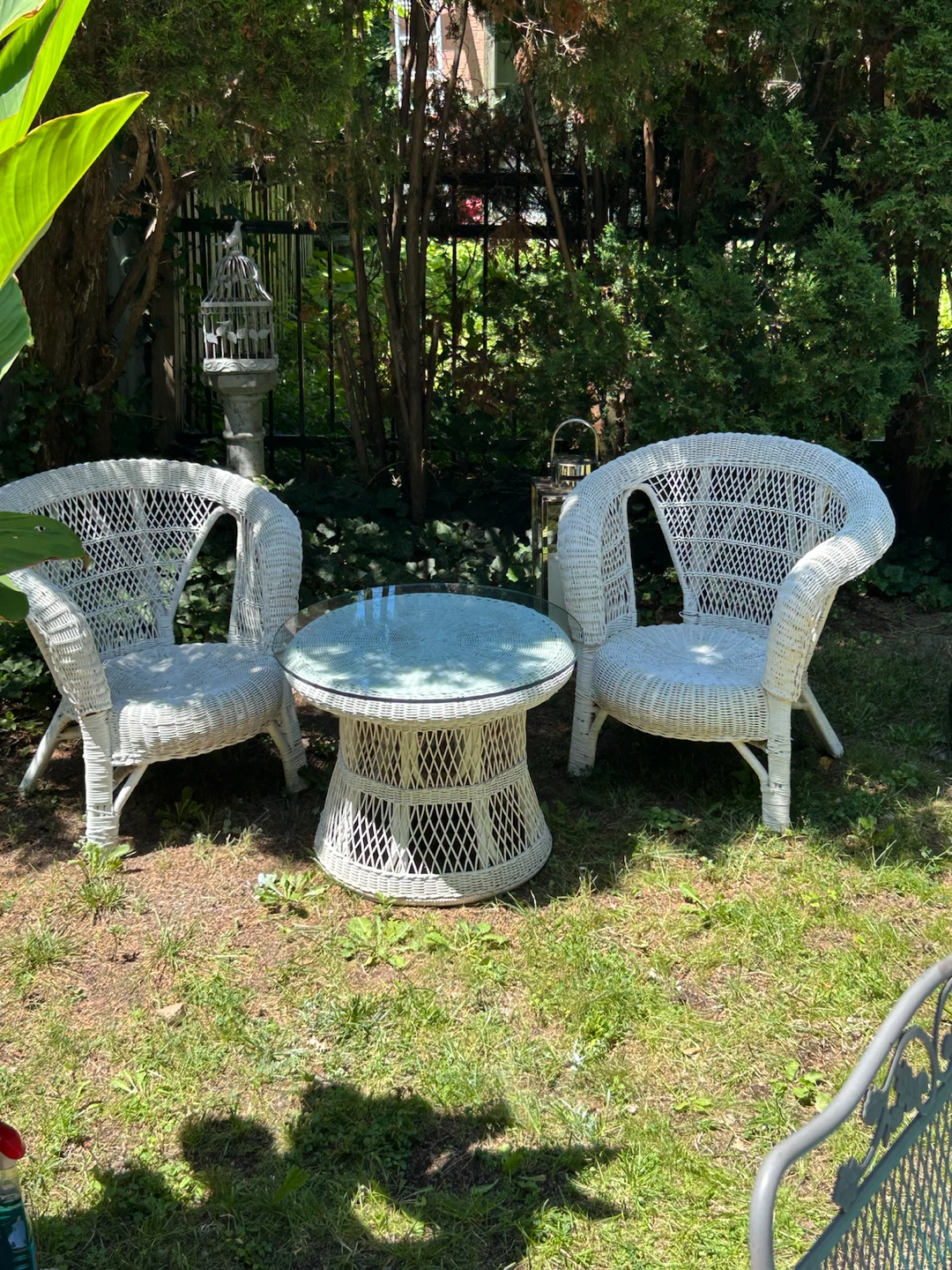 White Wicker Accent Chairs with Glass Top Table