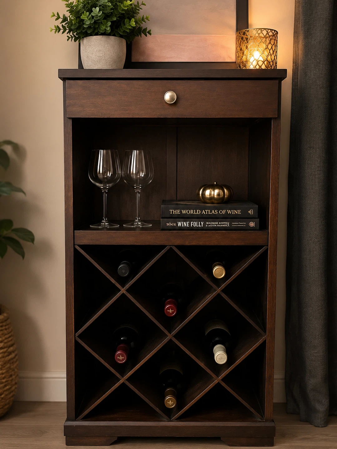 Dark Wood Wine Rack with Drawer