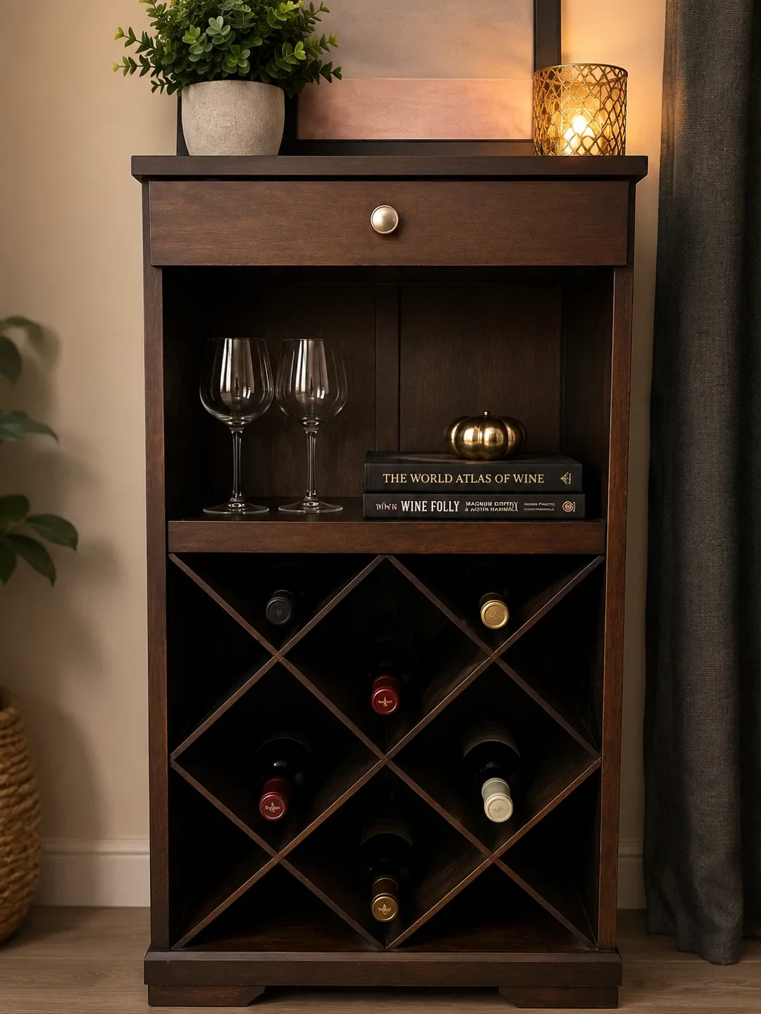 Dark Wood Wine Rack with Drawer