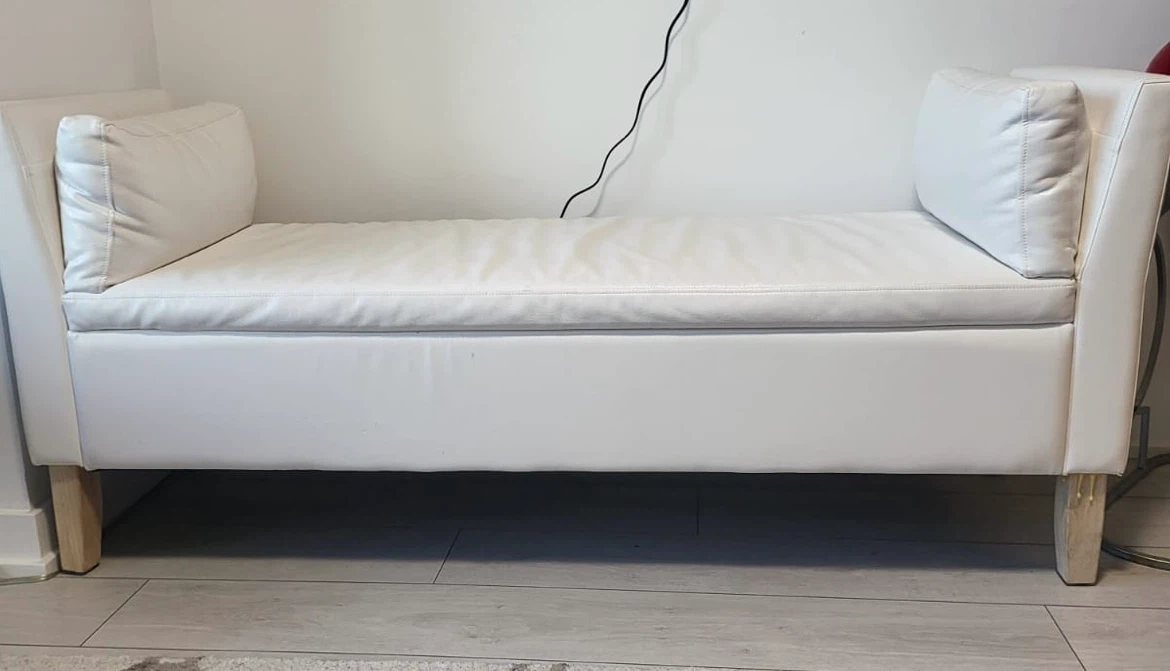 White Faux Leather Bench with attached side Pillows
