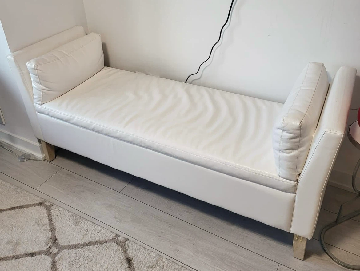 White Faux Leather Bench with attached side Pillows - photo 2
