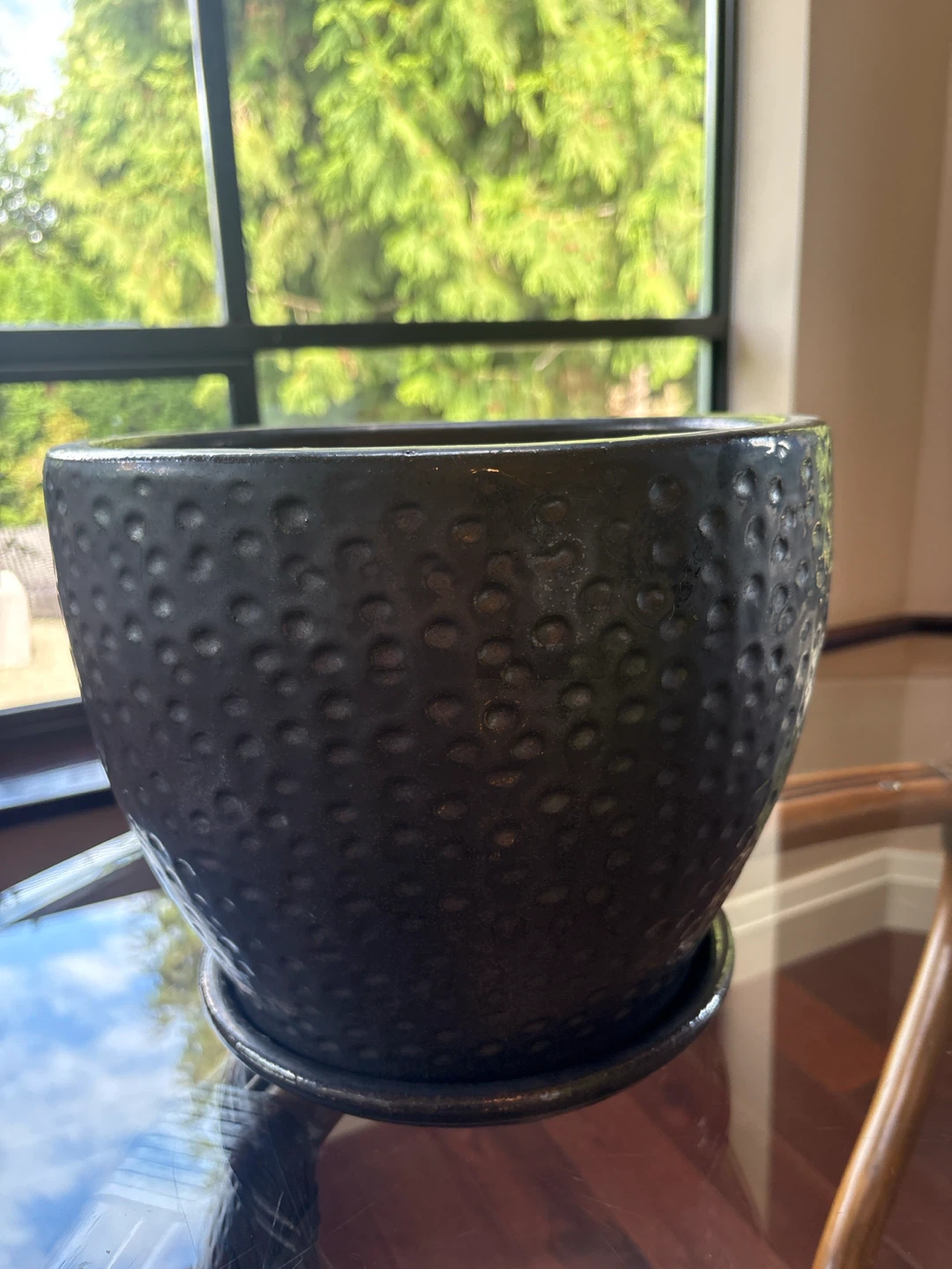 Dark Grey Speckled Ceramic Planter with Saucer