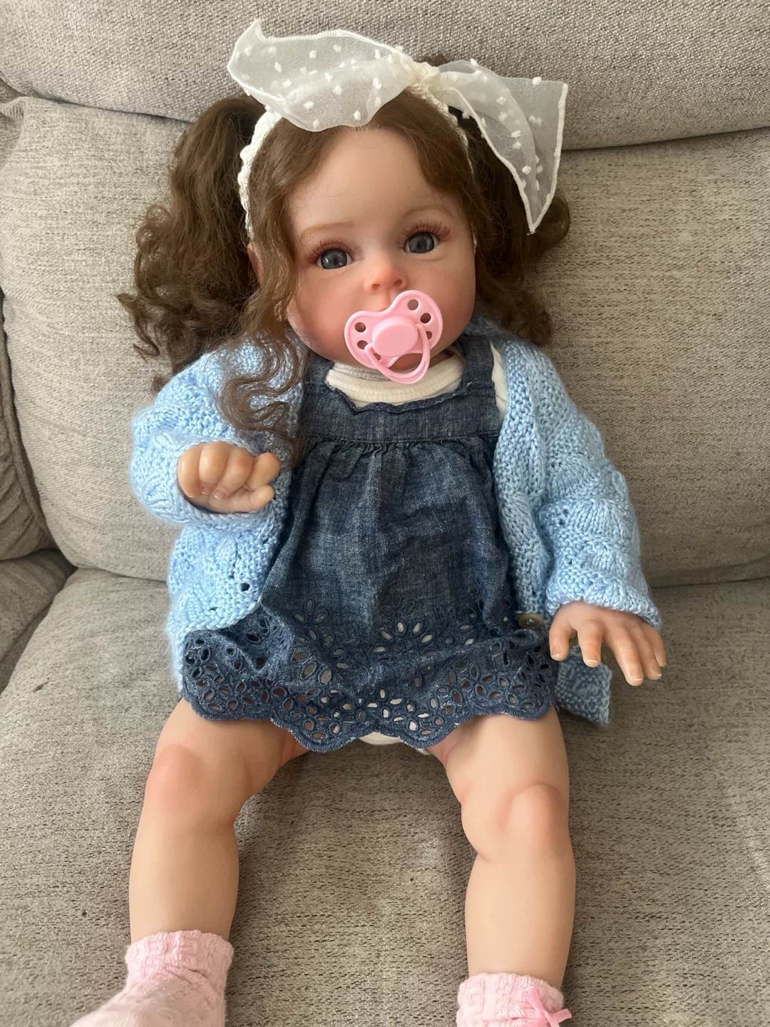 Reborn Doll with Blue Cardigan and Denim Dress