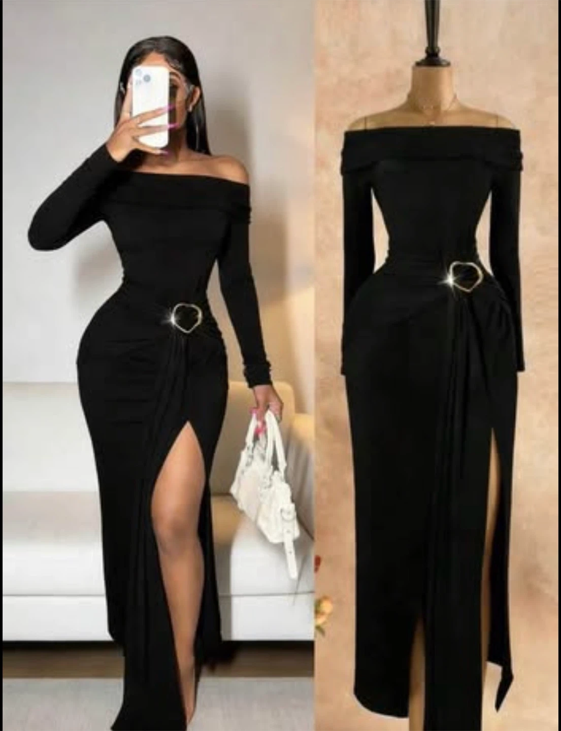 Black Off-the-Shoulder Maxi Dress with High Slit