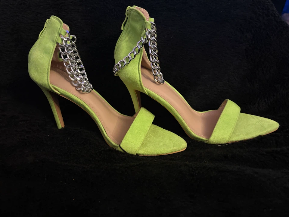 Lime Green Suede Heels with Chain Detail