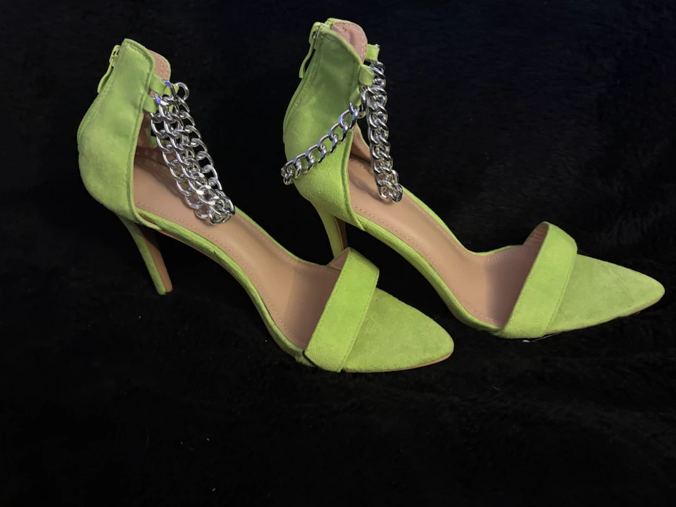Lime Green Suede Heels with Chain Detail - photo 2