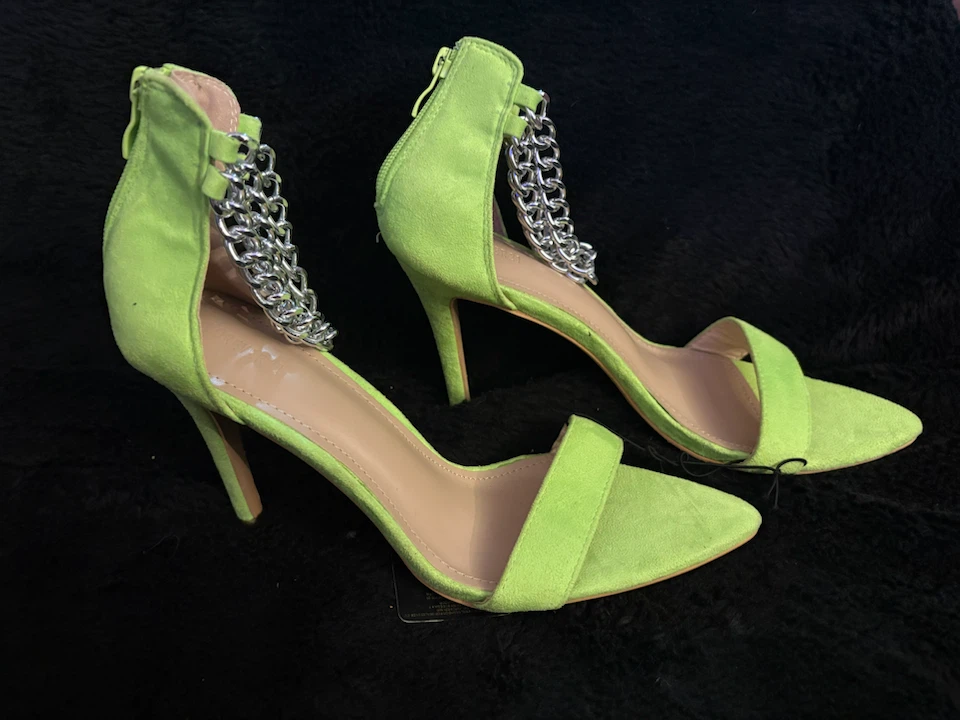 Lime Green Suede Heels with Chain Detail - photo 3