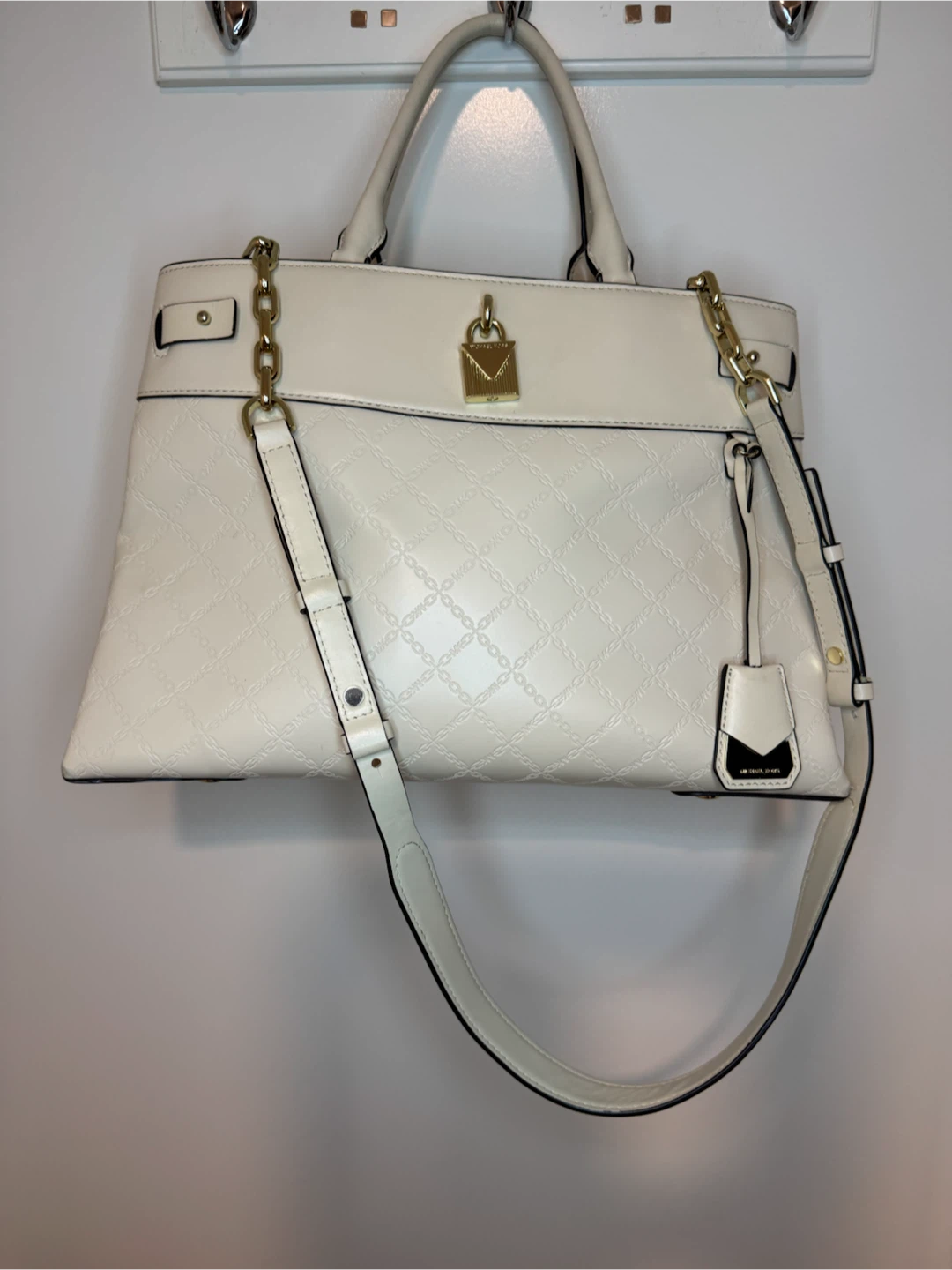 Michael Kors Large Embossed Satchel Tote Crossbody Bag Gold Tone