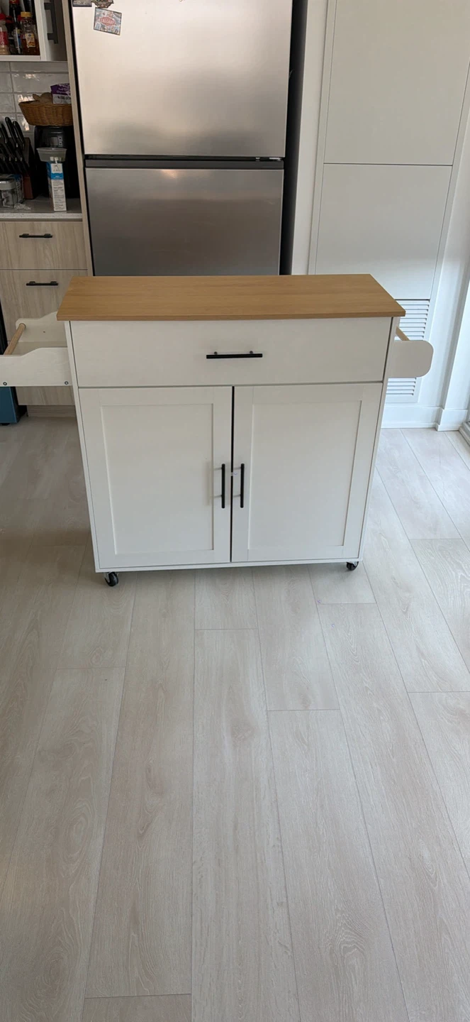 White Kitchen Cart with Wooden Top and Foldable Leaf