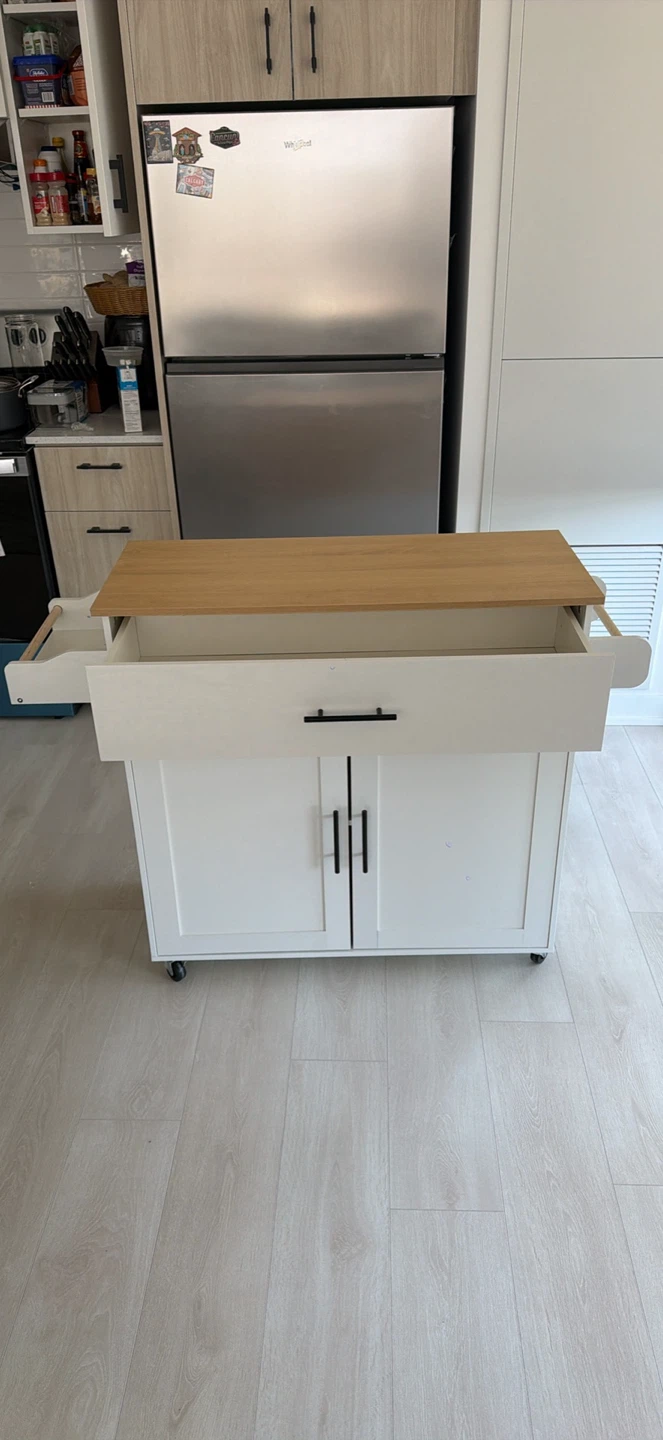 White Kitchen Cart with Wooden Top and Foldable Leaf - photo 2