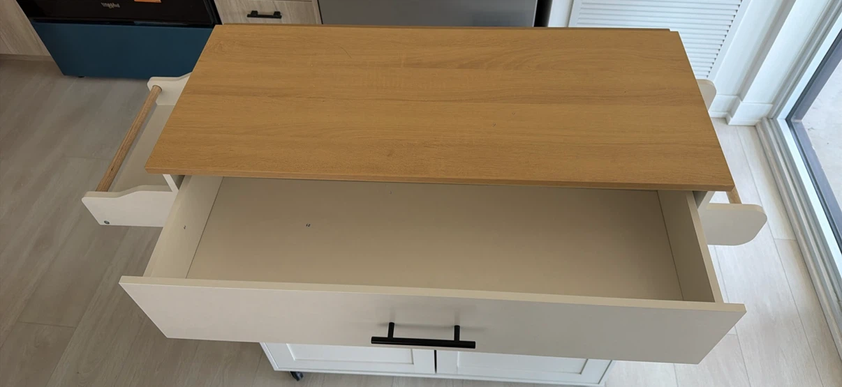 White Kitchen Cart with Wooden Top and Foldable Leaf - photo 4