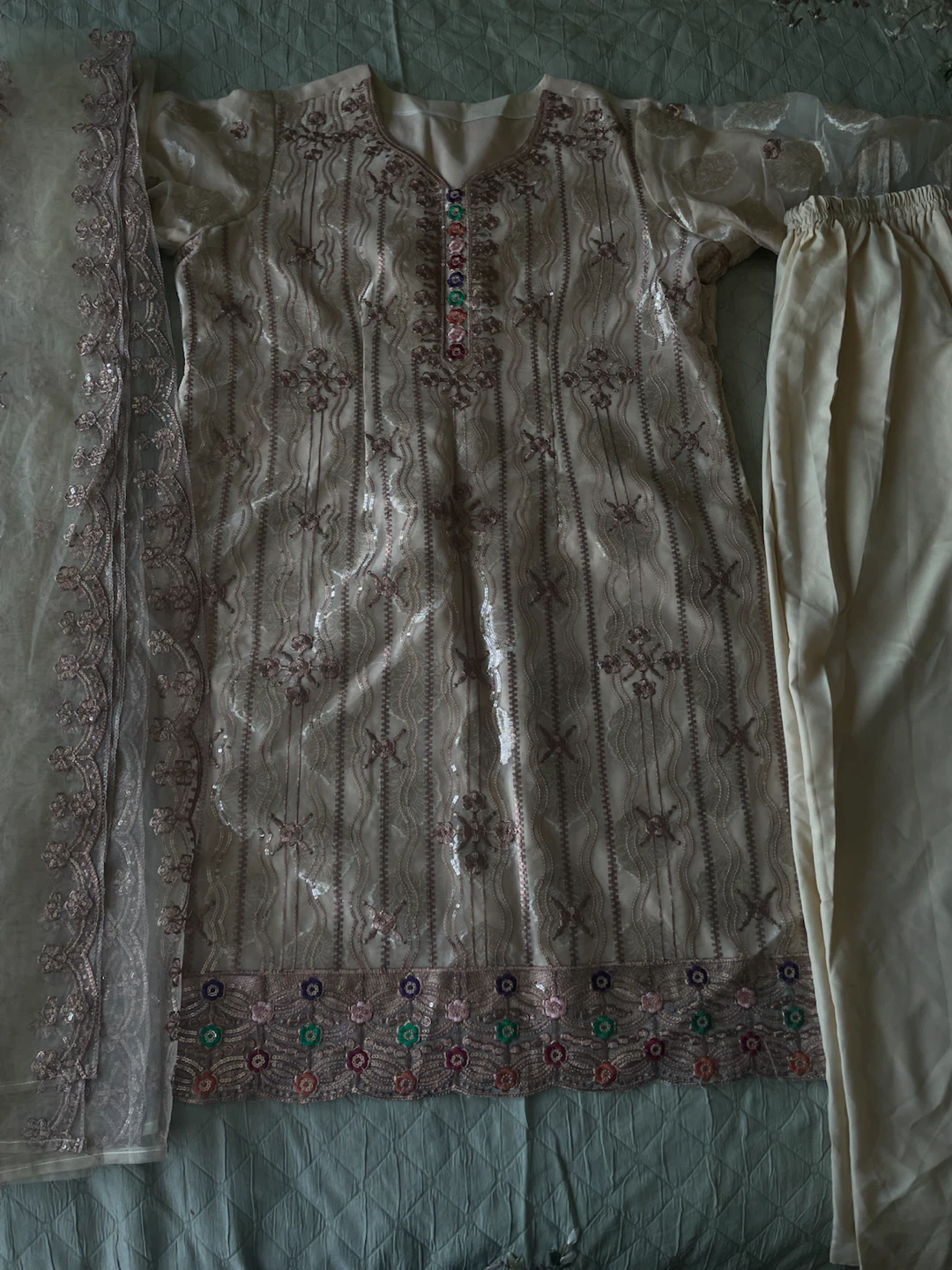 Embroidered Chiffon Suit with Trousers