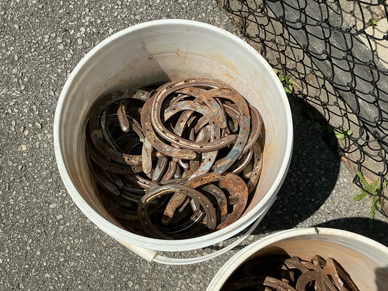 3 Pails of LUCKY Antique Blacksmith Made Iron Horseshoes - photo 2