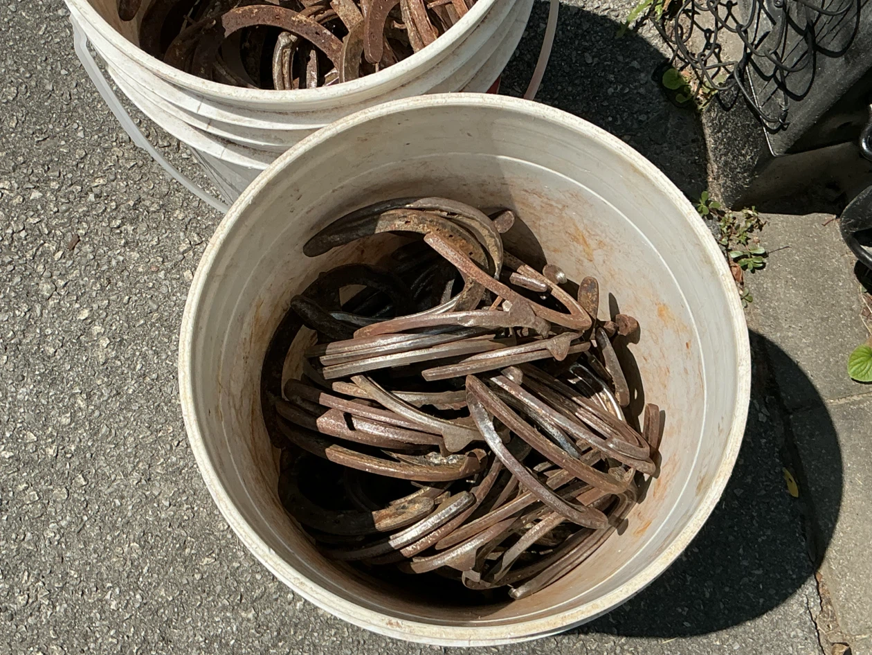 3 Pails of LUCKY Antique Blacksmith Made Iron Horseshoes - photo 4
