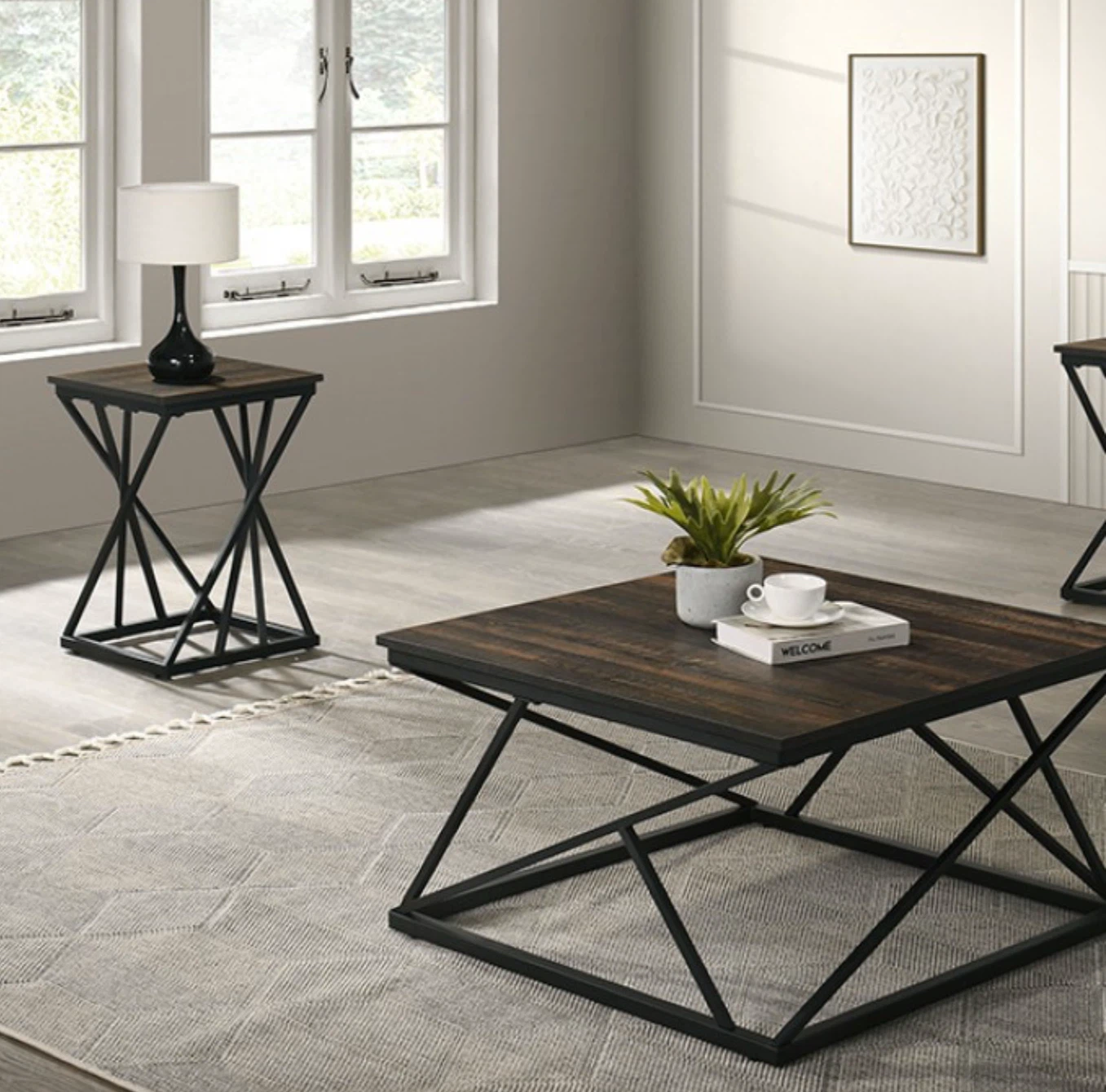 Square Wood Coffee Table with Black Metal Frame