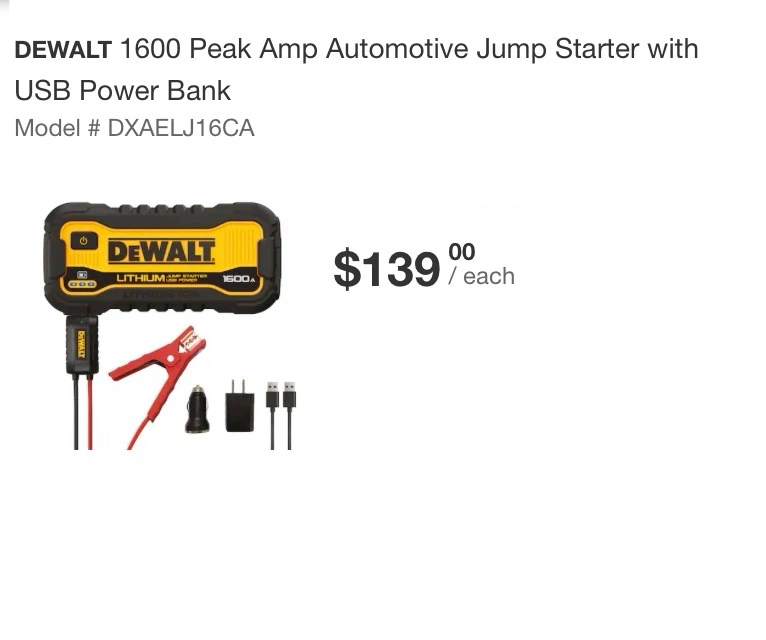 DeWalt 1600A Lithium Jump Starter with USB Power Bank