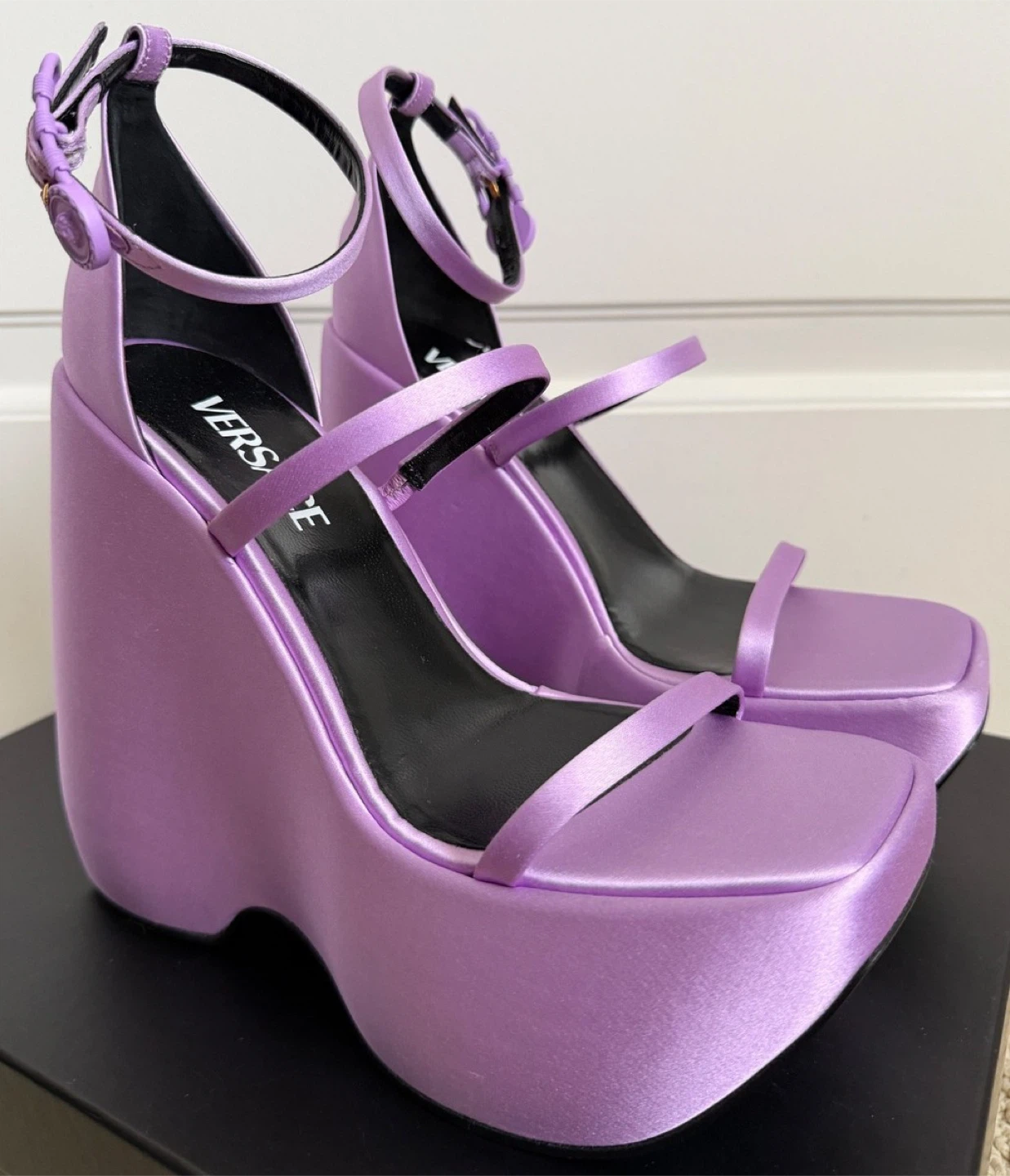 Versace Purple Satin Platform Wedge Sandals