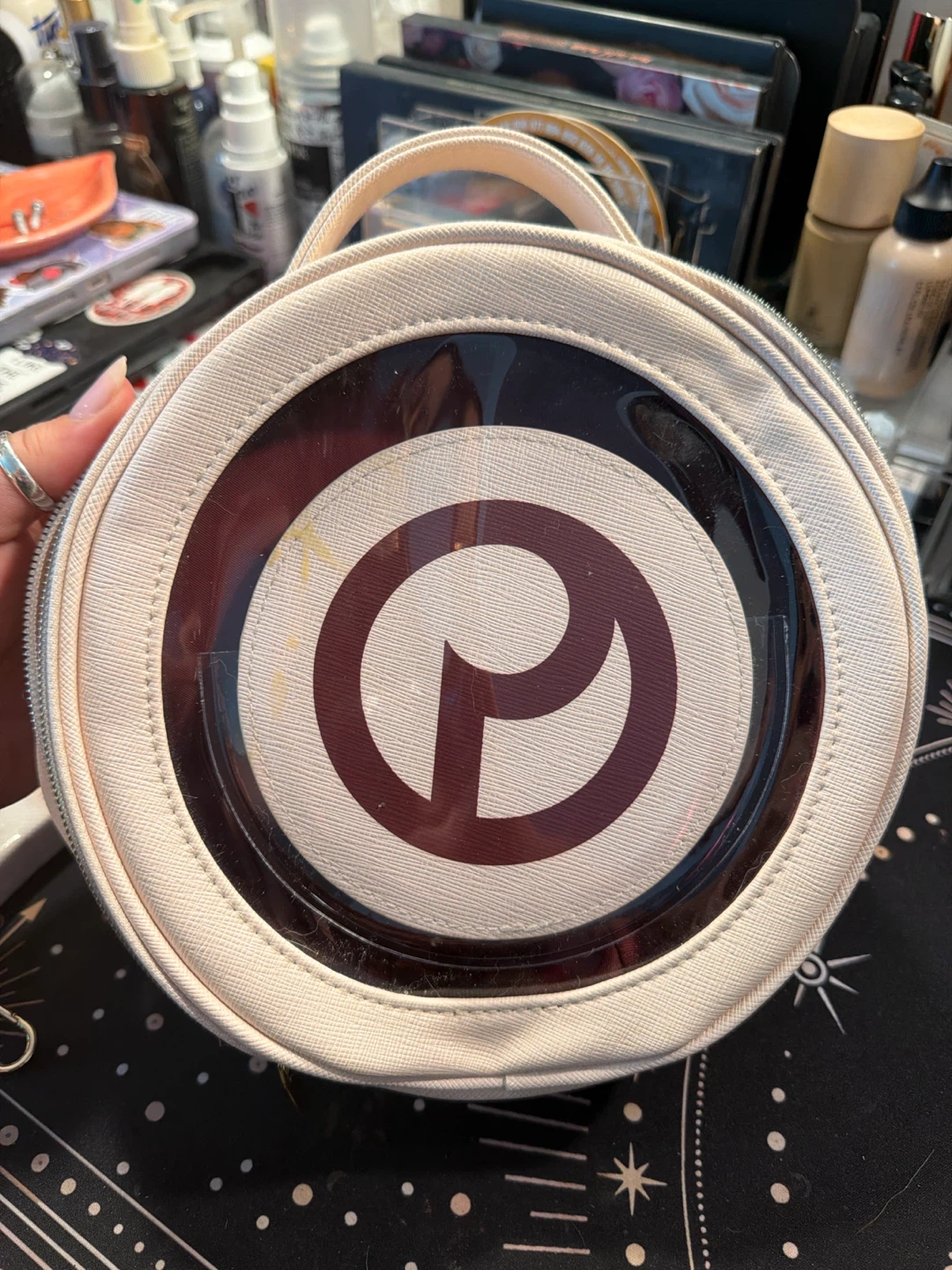 Rare Beauty Round Makeup Bag with Mirror and Strap